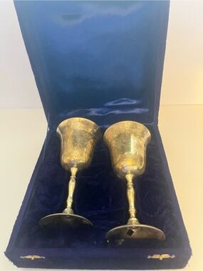 Set of 2 Vintage Silver Plated Etched Wine Glasses in Velvet Case from India